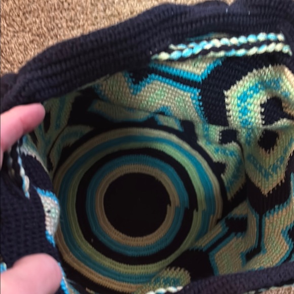Handmade Woven Bucket Bag w/Strap & Handles - Tassels Navy Turquoise Mint Tan - Picture 12 of 15